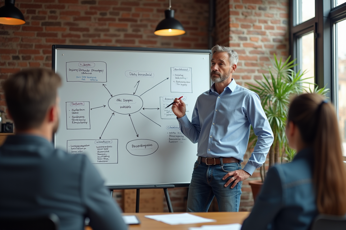 Homme expliquant des stratégies SEO devant un tableau blanc