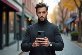 Homme filmant avec un Google Pixel 8 Pro dans un environnement urbain, test vidéo smartphone