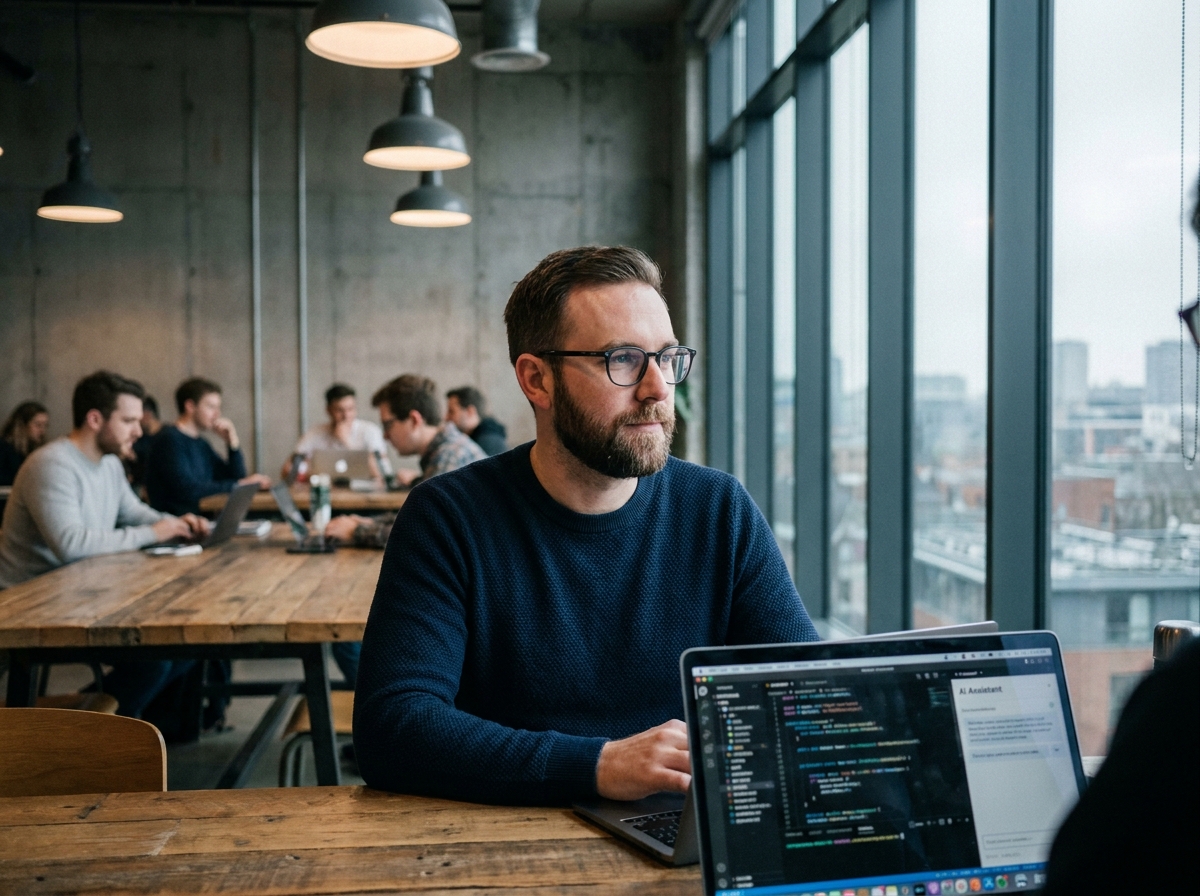 Homme développeur en formation vibe coding dans un espace de coworking moderne avec interface IA visible à l'écran