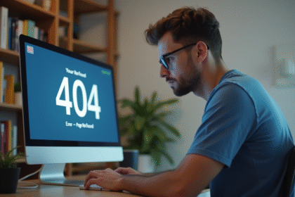 Jeune homme frustré devant un écran 404 erreur