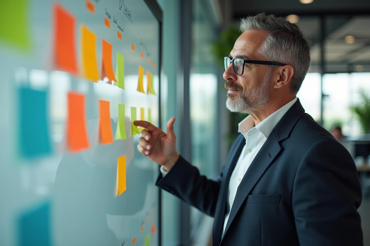 Homme d affaires en réunion avec tableau blanc coloré