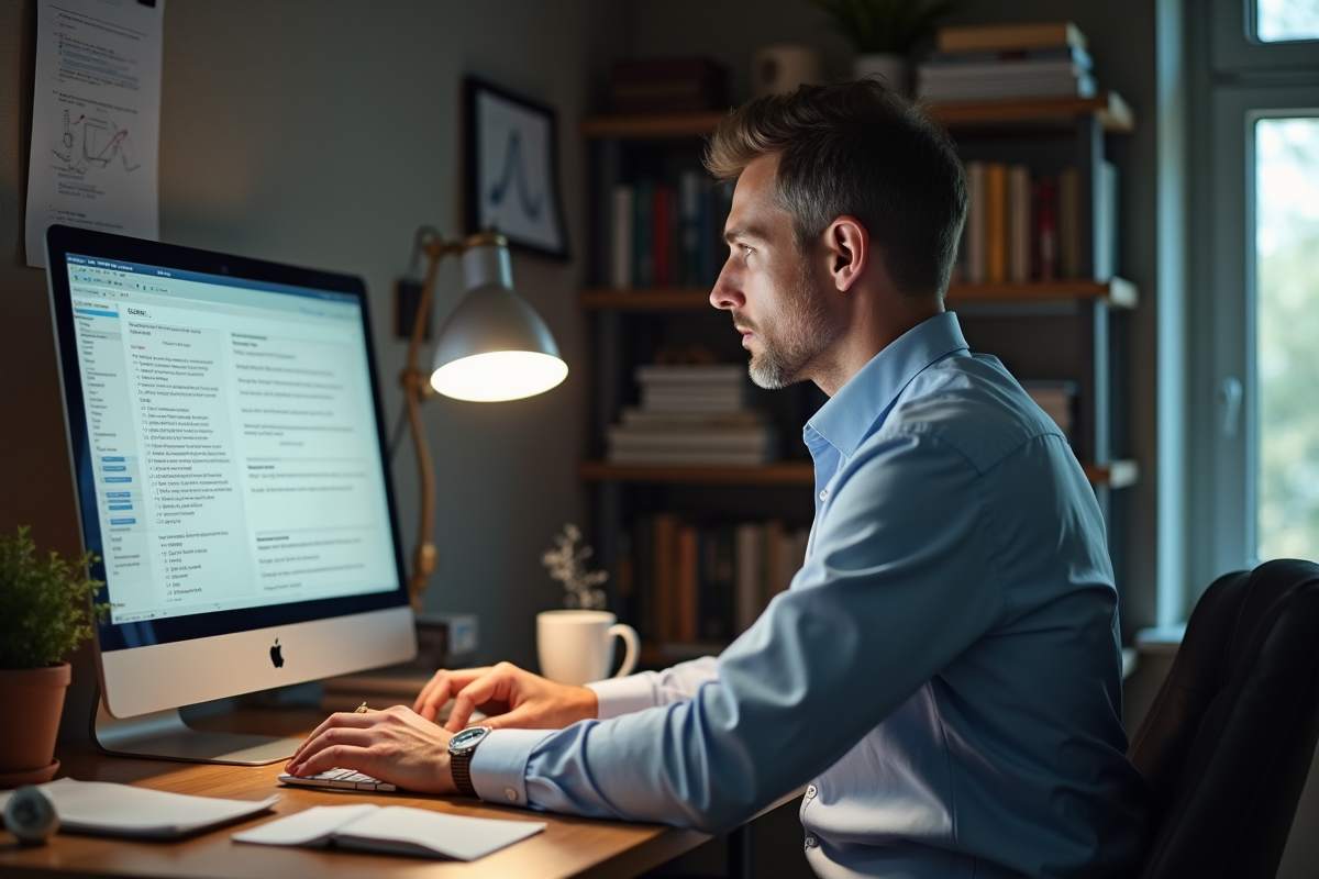 Homme au bureau à domicile consulte des diagrammes email