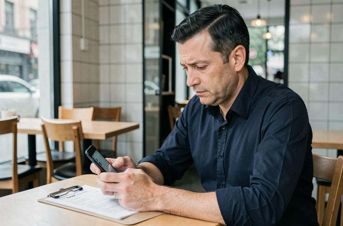 Homme utilisant un smartphone Honor dans un café pour accéder au presse-papier Android