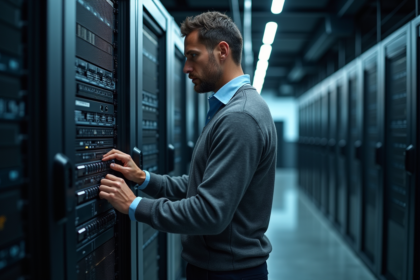 Homme professionnel IT examinant un serveur moderne dans un data center