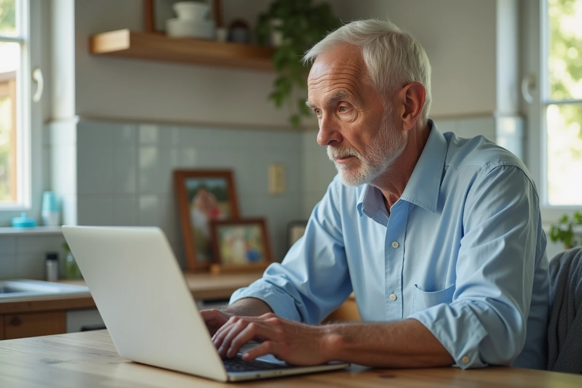 Homme d age utilisant un ordinateur dans une cuisine lumineuse