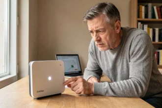 Homme examinant sa Livebox Orange avec un voyant blanc clignotant posée sur un bureau en bois à domicile
