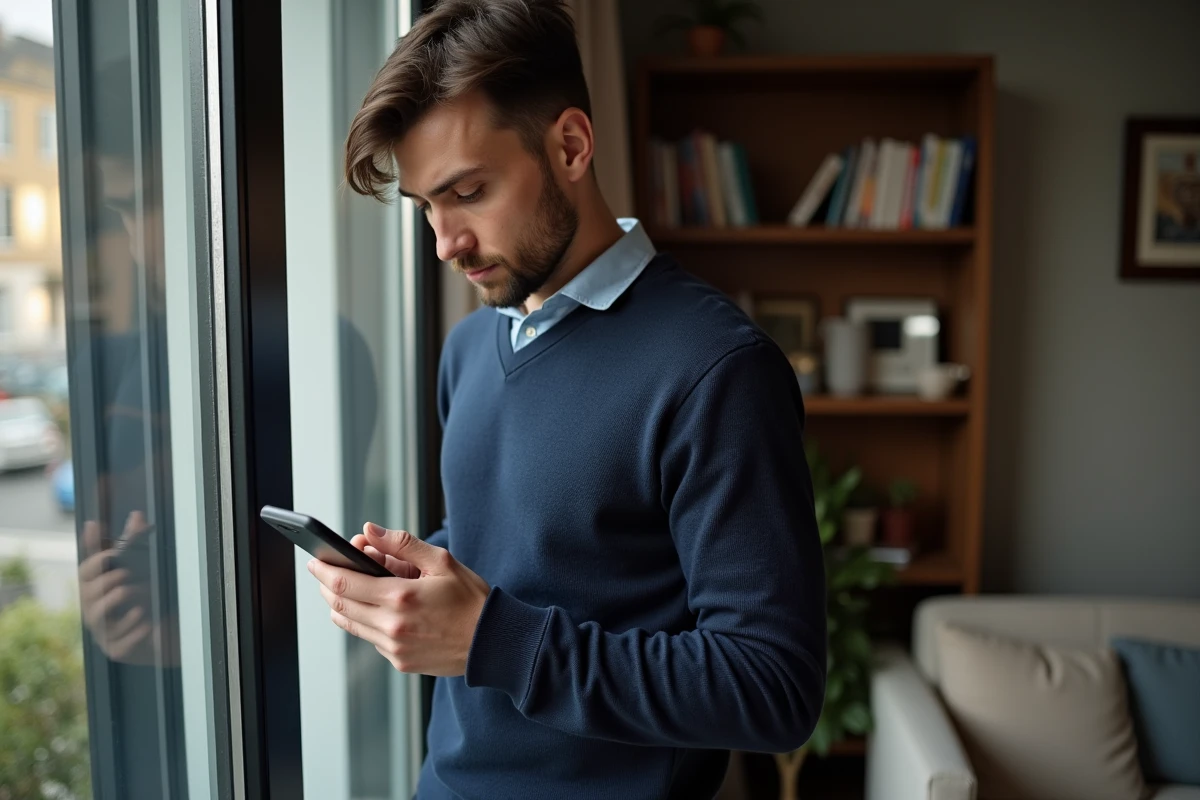 Homme regardant son smartphone dans un salon cosy