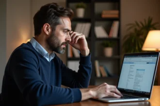 Homme consultant un navigateur web sur un ordinateur portable dans un bureau à domicile moderne