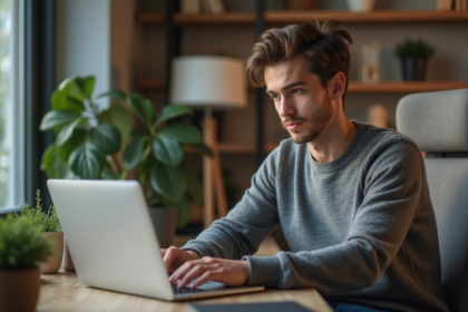 Jeune homme face à un ordinateur avec erreur 404