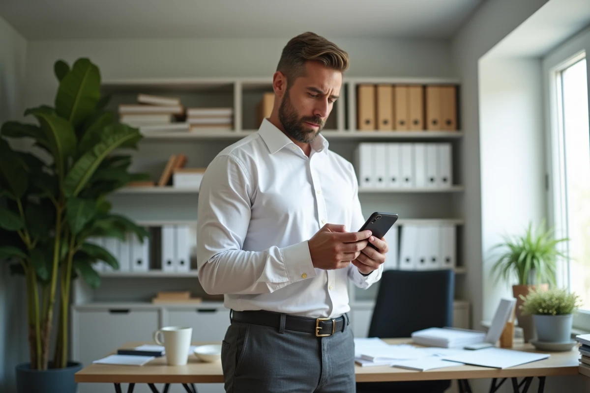 Homme d age moyen regardant son smartphone dans un bureau