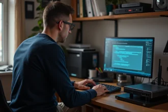 Homme concentré sur un ordinateur en réseau défaillant