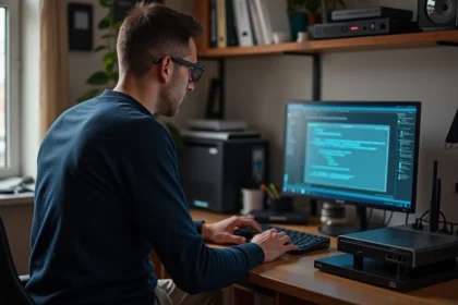 Homme concentré sur un ordinateur en réseau défaillant