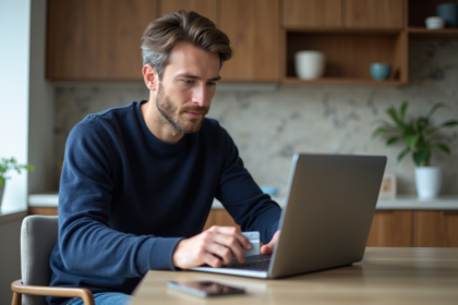 Homme en sweater bleu utilisant un ordinateur dans une cuisine lumineuse