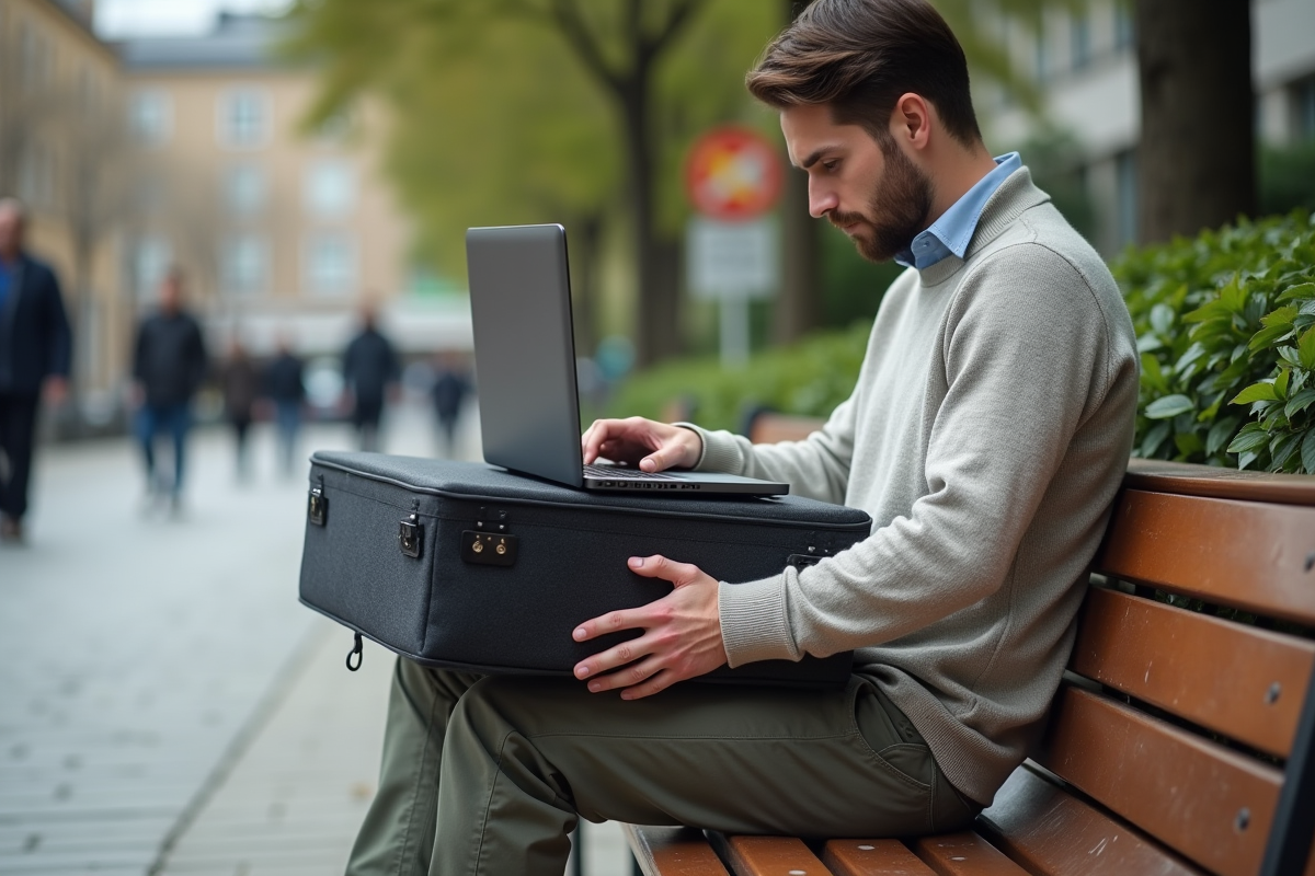 Homme assis sur un banc de parc insérant son ordinateur dans une boîte robuste