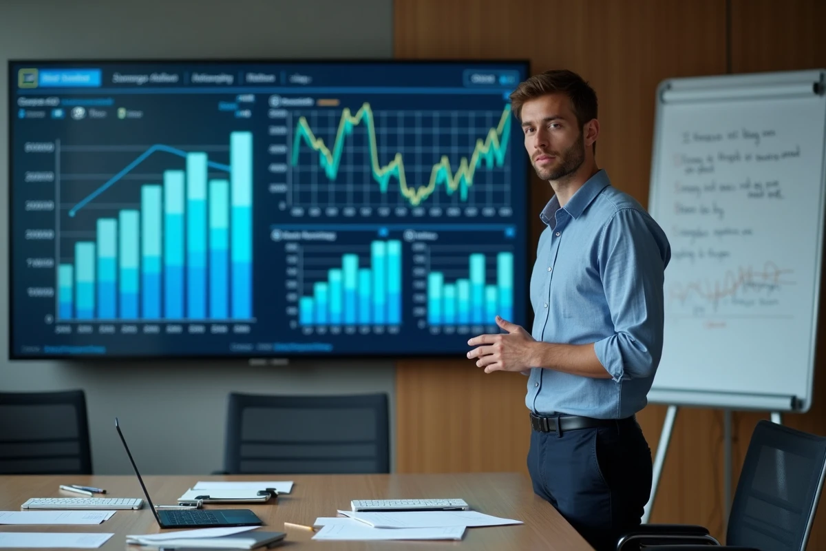 Jeune homme présentant des statistiques devant un écran