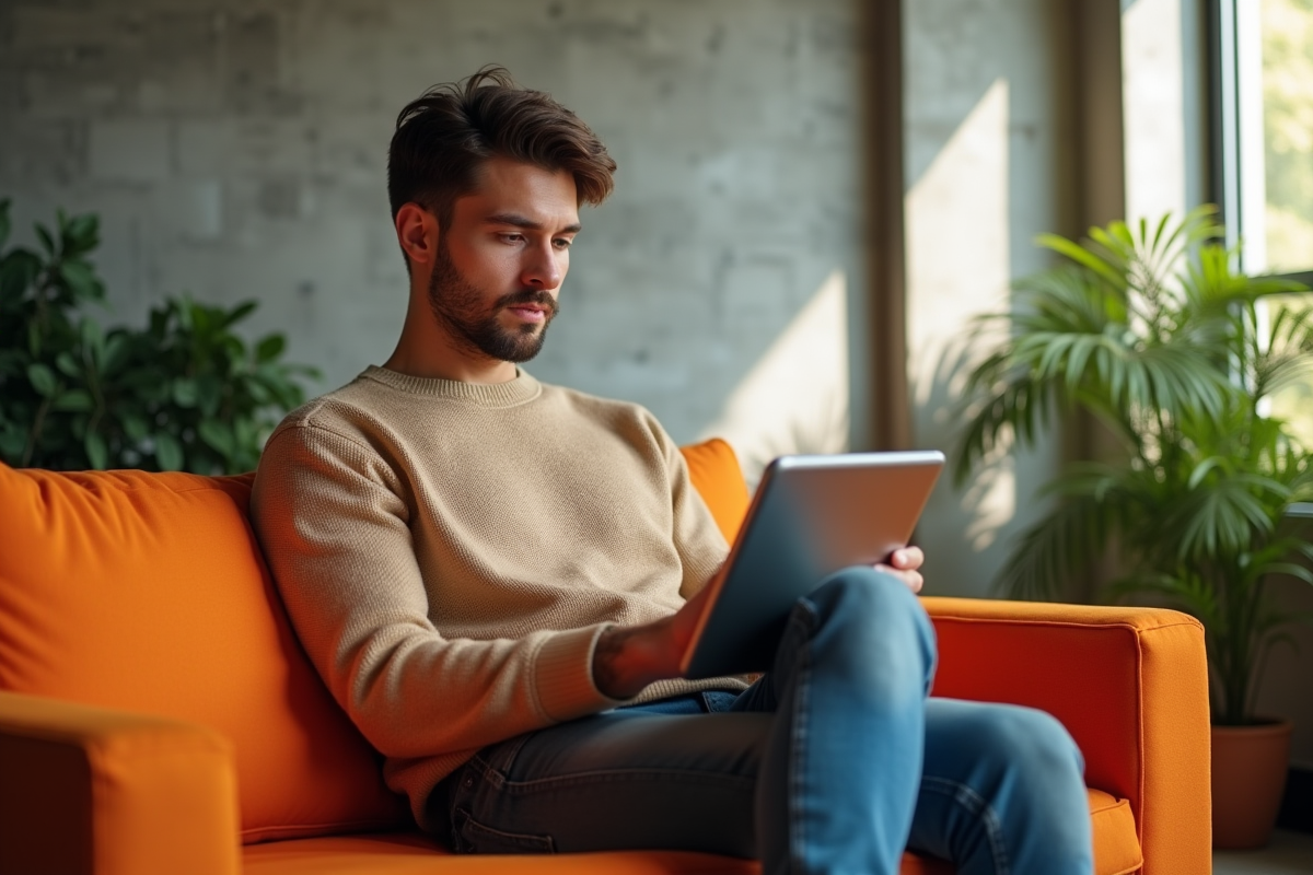 Jeune homme personnalisant son profil sur une tablette dans un salon