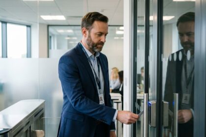 Homme d'affaires scannant sa carte d'accès dans un bureau moderne