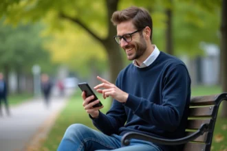 Homme souriant avec téléphone dans un parc en plein air