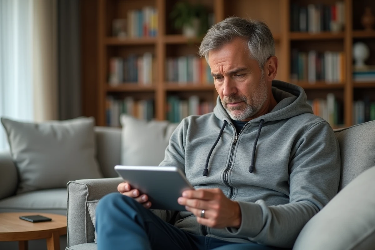 Homme utilisant un navigateur web sur une tablette dans un salon confortable à la maison