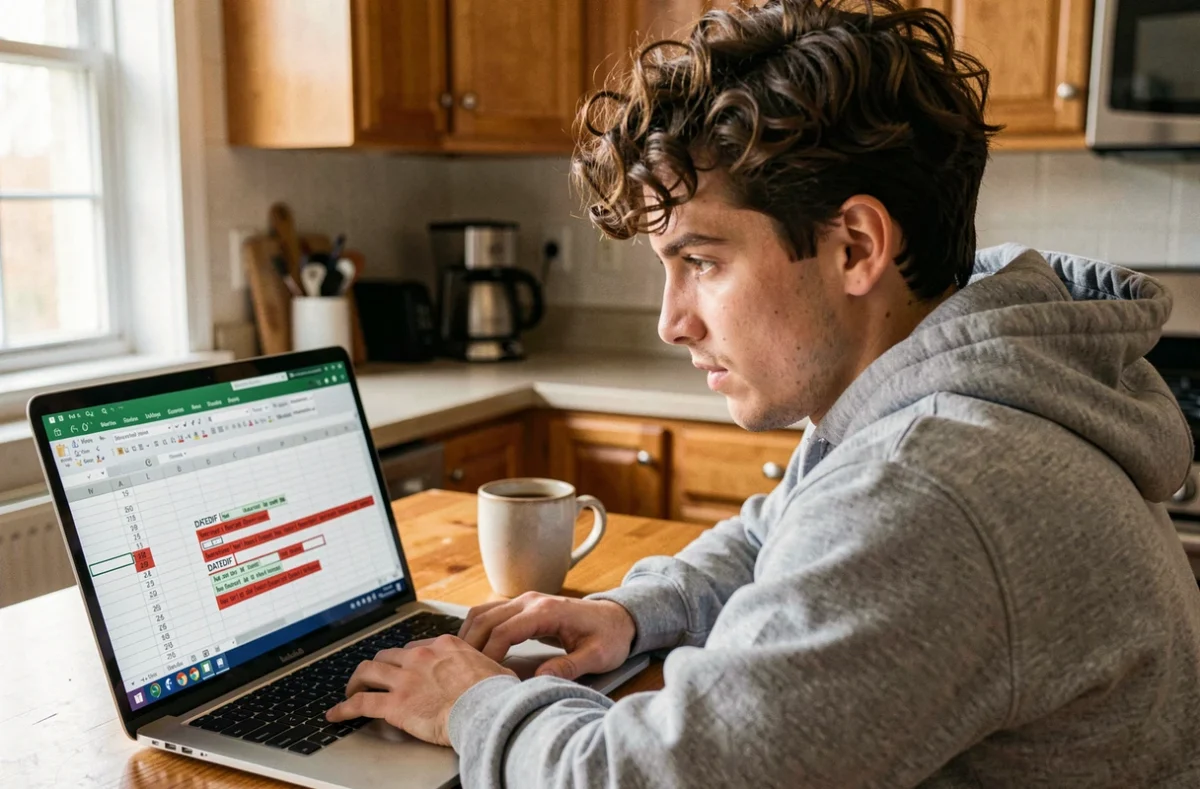Jeune homme en télétravail corrigeant des erreurs de calcul de dates et d'âge dans une feuille Excel