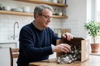 Homme d'âge moyen triant des ampoules halogènes dans la cuisine