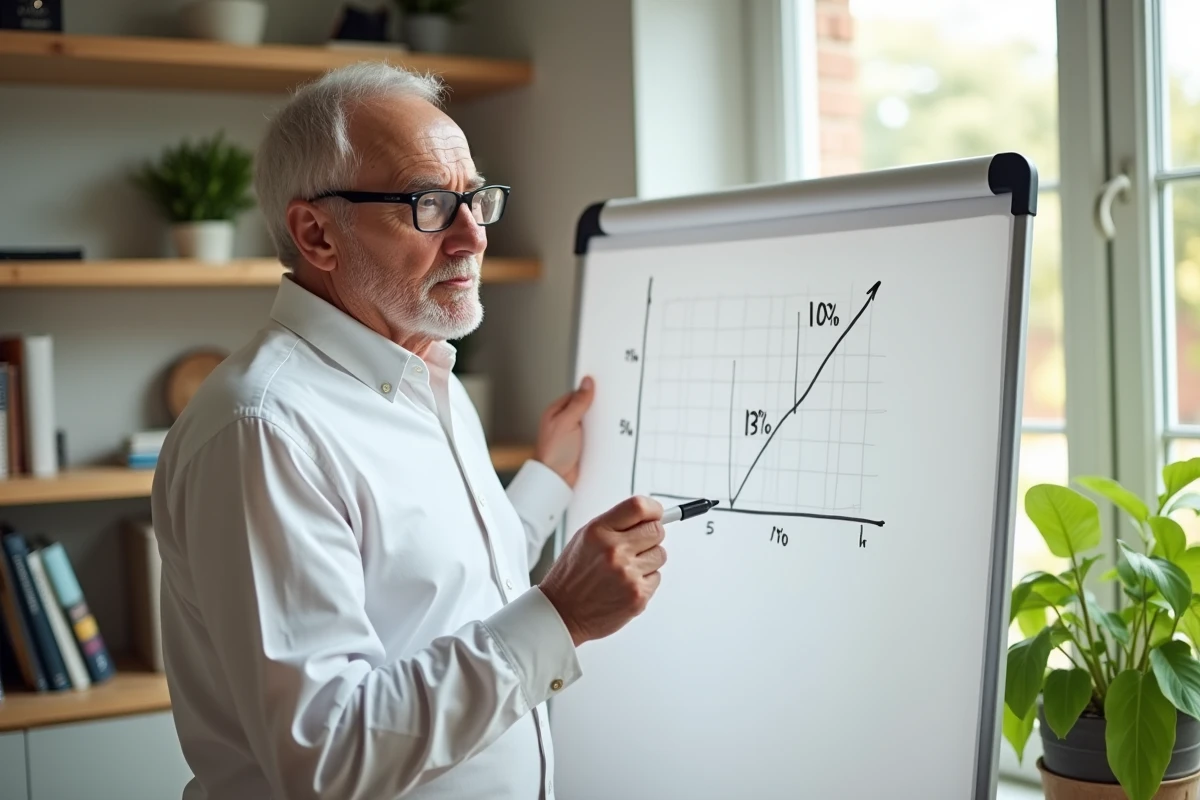 Homme expliquant un graphique sur un tableau blanc