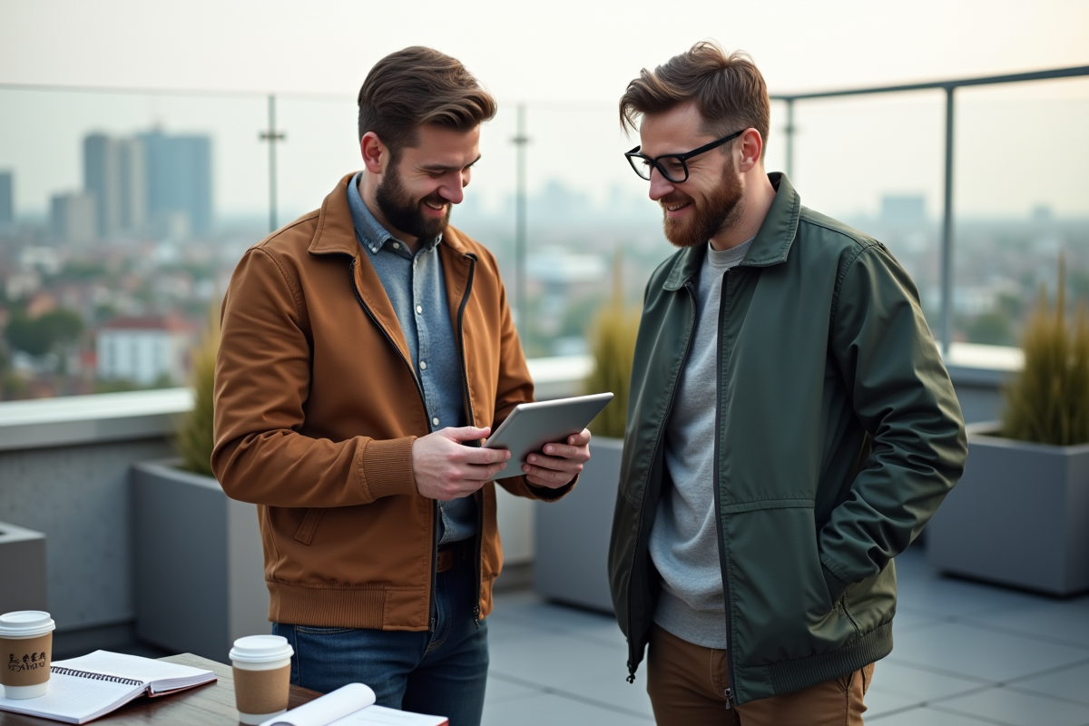 Deux hommes discutant sur un rooftop urbain avec table et accessoires