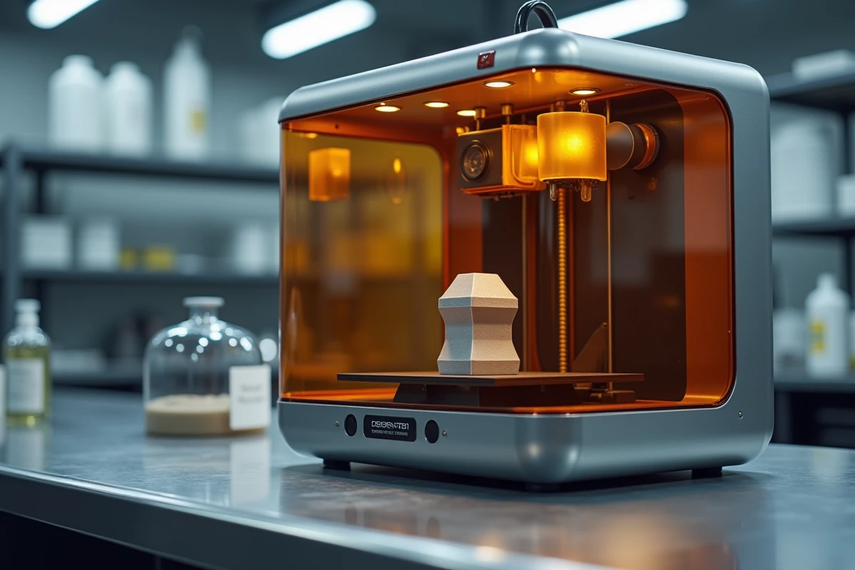 Imprimante 3D résine professionnelle avec prototype en cours de fabrication dans un makerspace technique