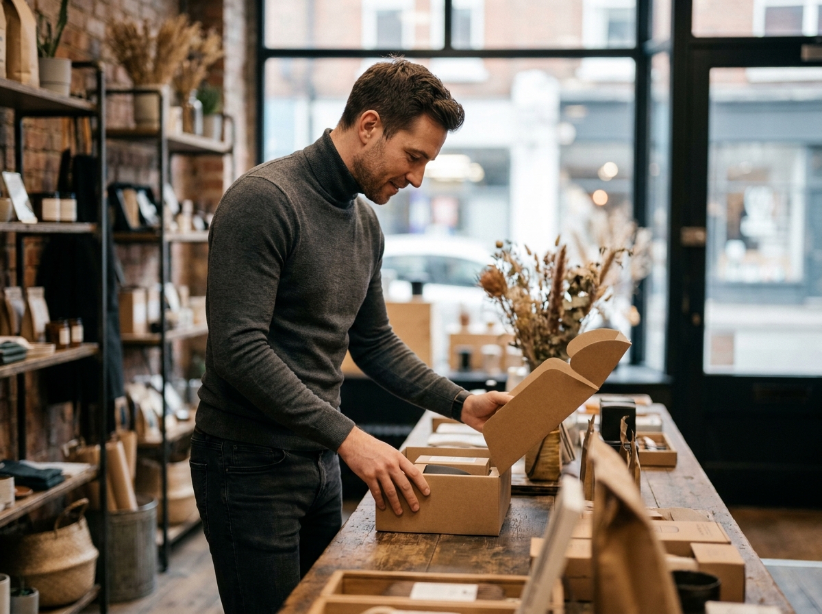 Influenceur masculin découvrant un produit de marque dans un concept store urbain dans le cadre d'un partenariat de campagne notoriété