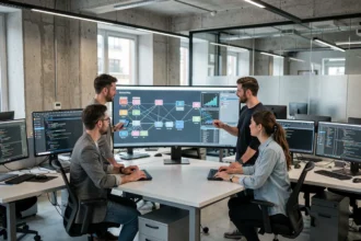 Équipe informatique professionnelle dans un bureau parisien moderne gérant des infrastructures informatiques
