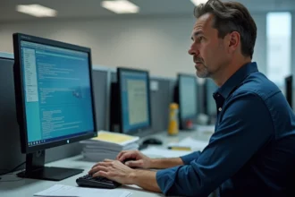 Informaticien d'entreprise en train d'analyser une ancienne application métier Silverlight sur un écran LCD dans un bureau corporate