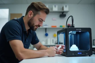 Ingénieur examinant une pièce prototype imprimée en 3D dans un studio de conception produit moderne