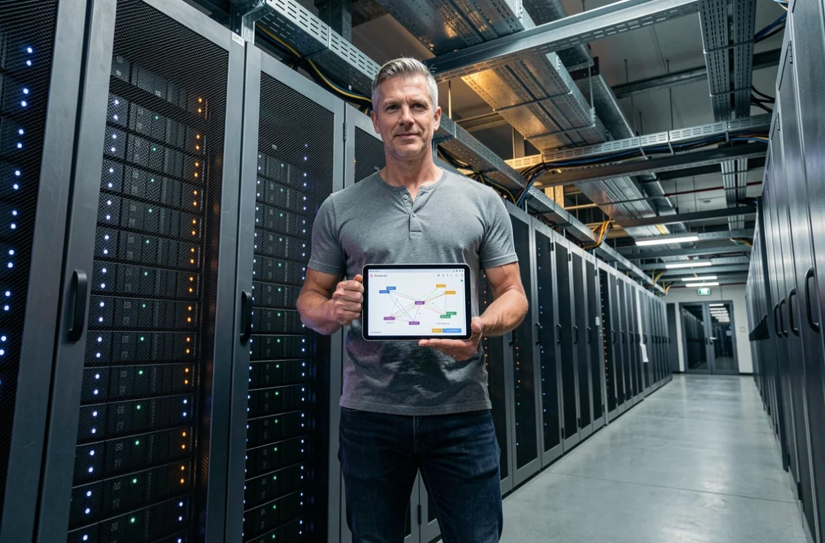 Ingénieur réseau debout devant une baie de serveurs dans un datacenter, consultant une carte de nœuds CDN sur tablette