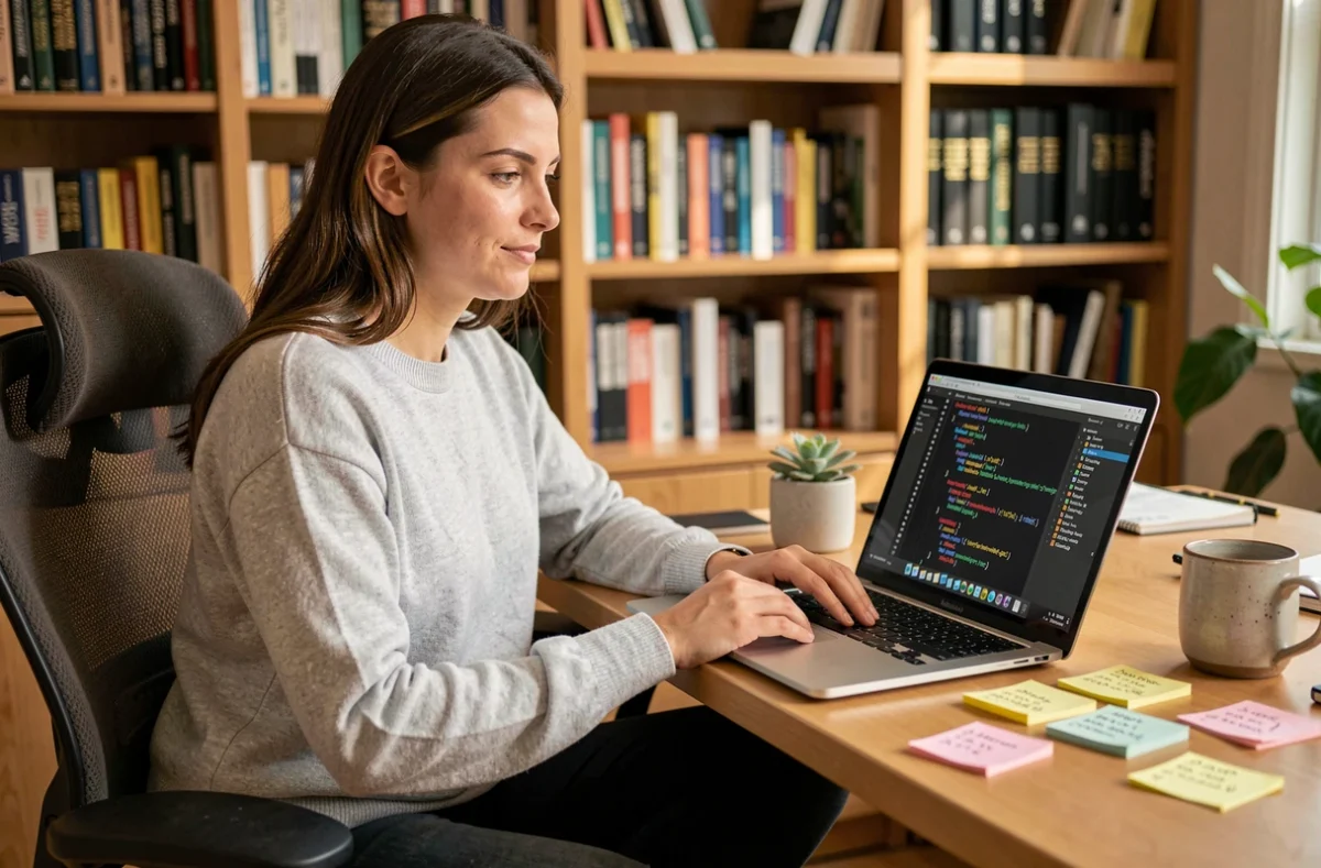 Ingénieure logiciel travaillant depuis chez elle sur du parsing XML sécurisé avec Python dans un bureau cosy