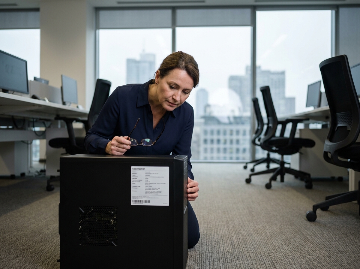 Femme inspectant les caractéristiques matérielles d'un PC de bureau pour vérifier la compatibilité avec Windows 11