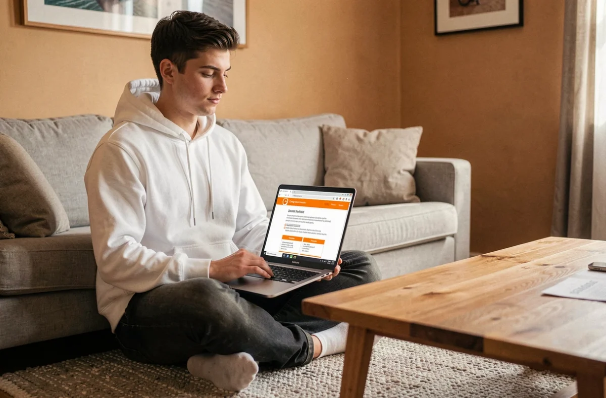 Jeune homme installant le logiciel téléchargé depuis le portail Orange sur son PC Windows depuis son canapé