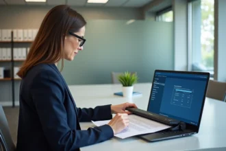 Femme professionnelle scannant des documents papier intégrés dans un logiciel de GED sur son ordinateur portable en open space