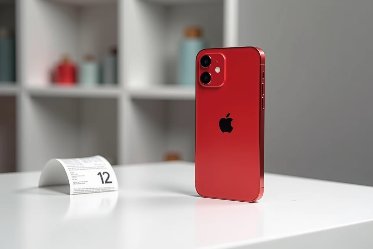 iPhone 12 rouge posé sur une surface blanche avec une étiquette de prix dans un magasin minimaliste