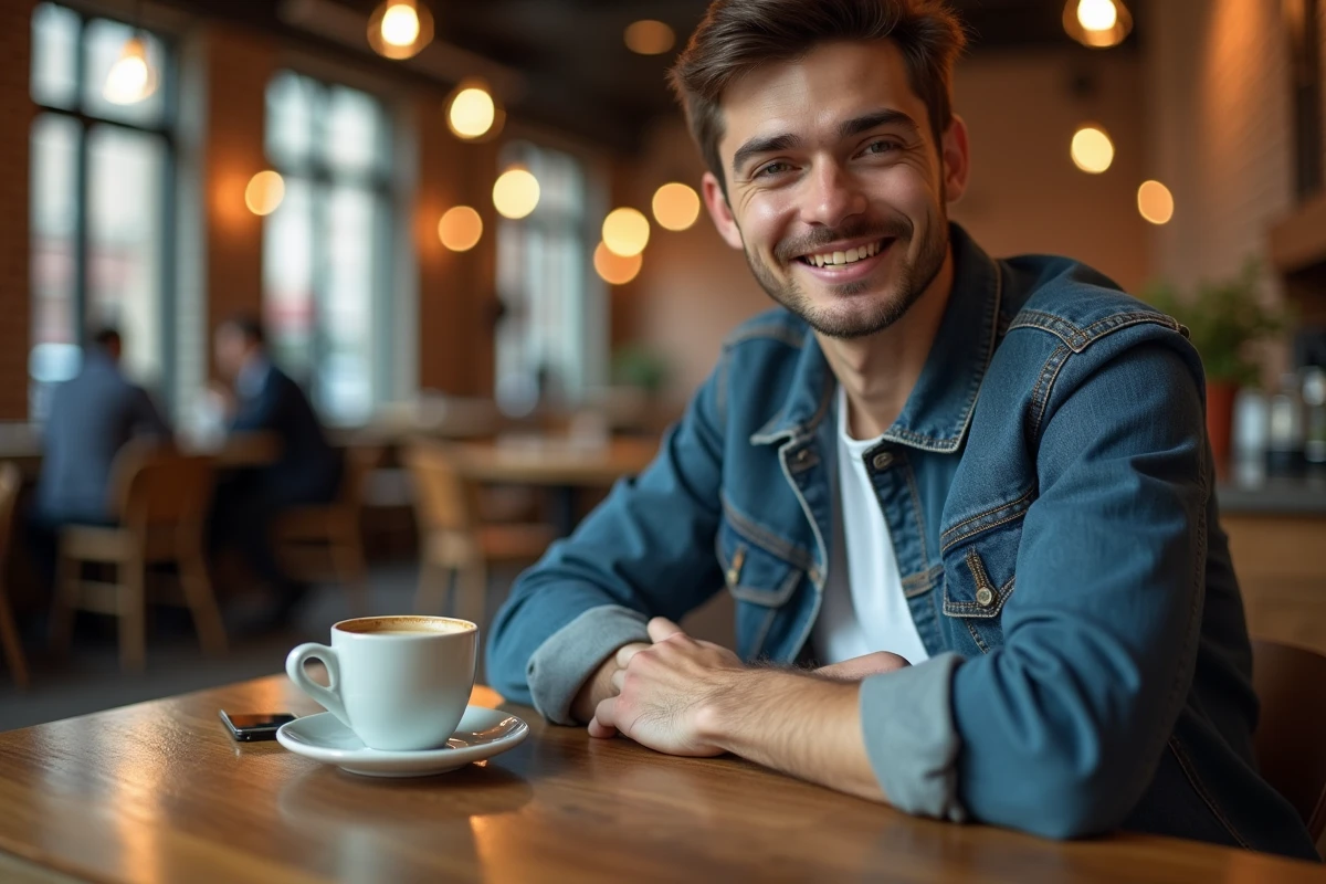 iPhone SE posé sur une table de café en bois à côté d'un expresso, soulignant son design compact et accessible