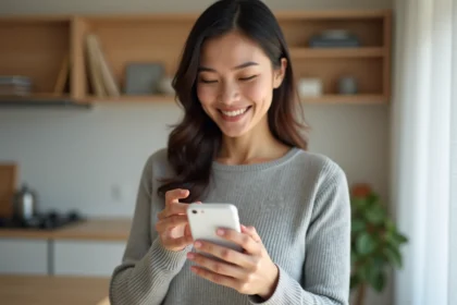 Femme tenant un iPhone SE compact dans un appartement moderne, illustrant le meilleur rapport qualité-prix Apple