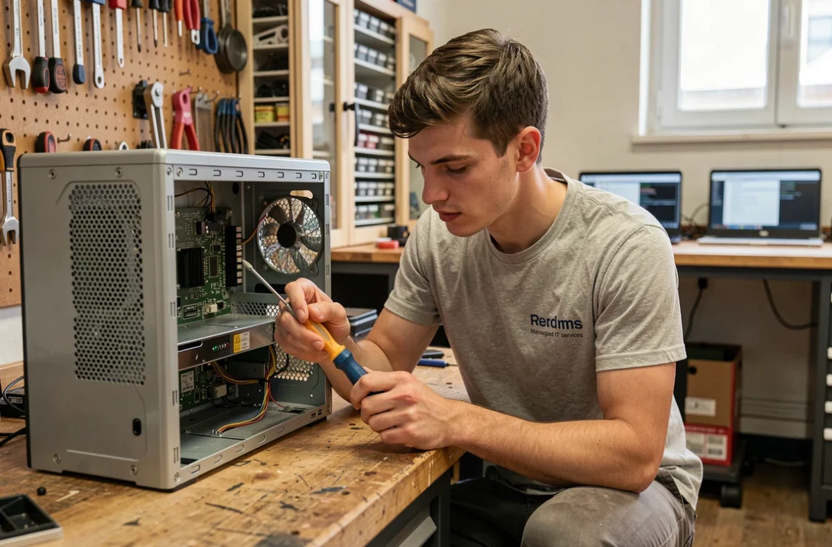 Technicien Izitek réparant un ordinateur dans un atelier de services informatiques parisien