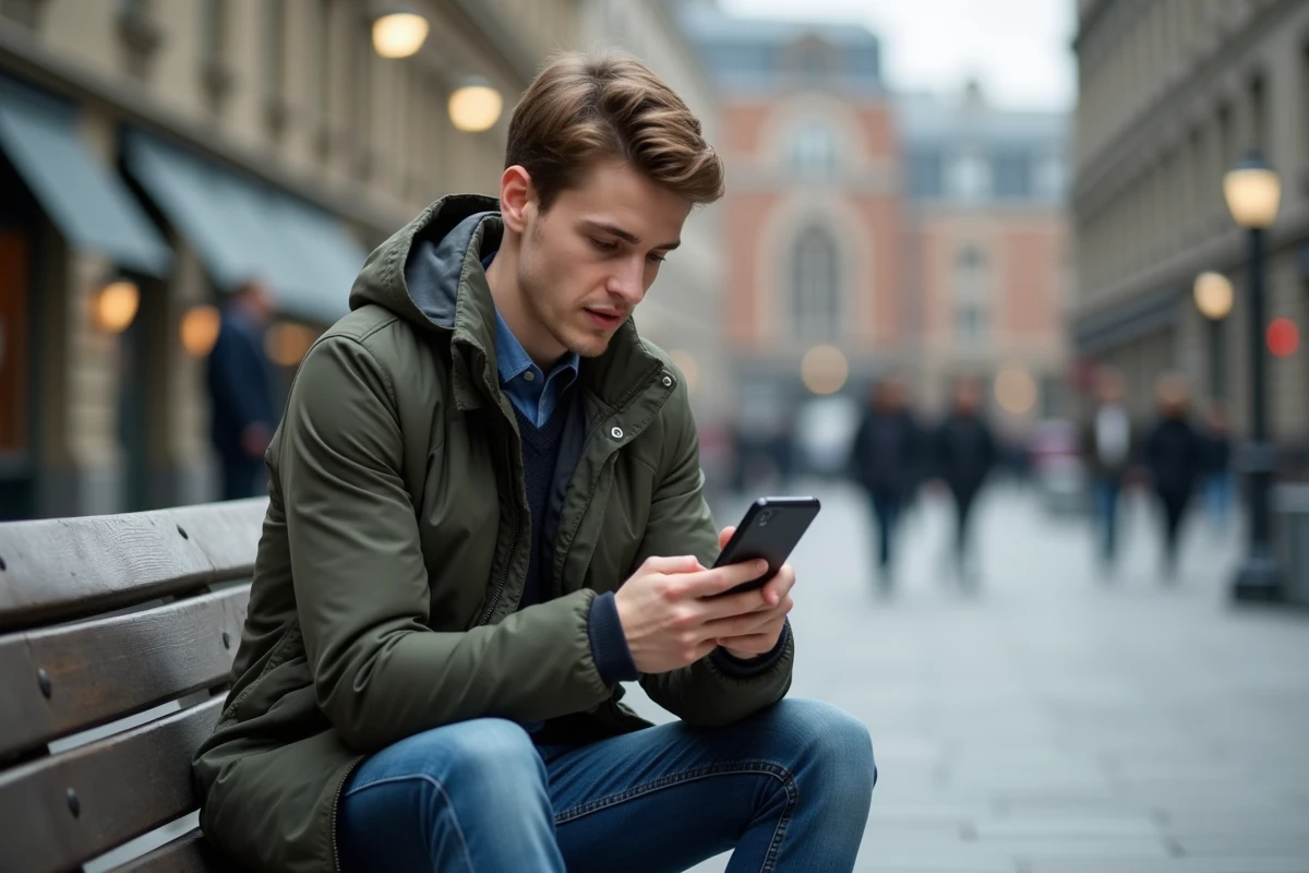 Jeune adulte utilisant son compte Réglo Mobile en libre-service sur smartphone en ville