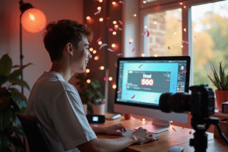 Jeune créateur de contenu célébrant dans un studio moderne avec compteur YouTube