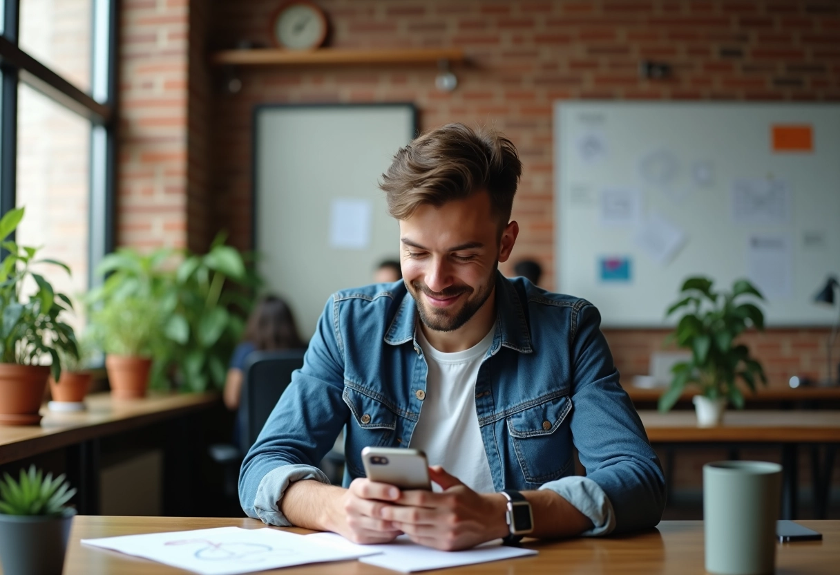 Jeune homme créatif dans un espace coworking avec smartphone et notes