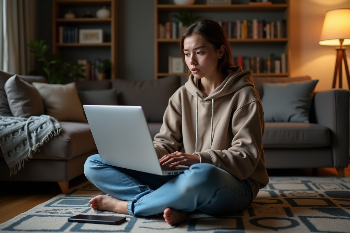 Jeune femme analysant des alertes de ransomware sur son laptop