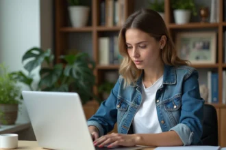 Jeune femme au bureau regardant un post Instagram