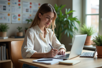 Jeune femme au bureau avec ordinateur et plantes