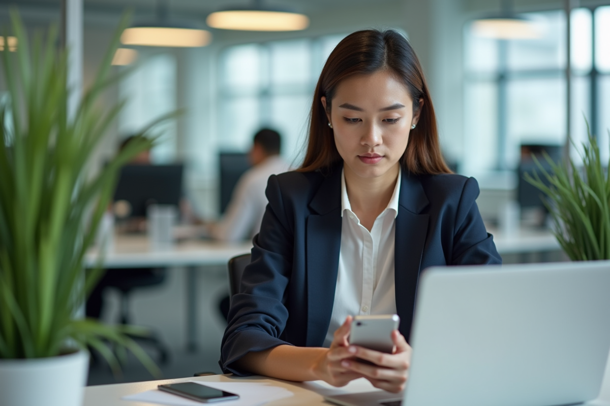 Jeune femme professionnelle travaillant sur un ordinateur dans un bureau moderne