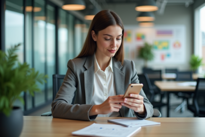 Jeune femme professionnelle utilisant son smartphone au bureau