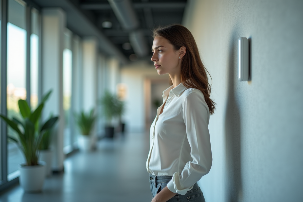 Jeune femme dans un bureau regardant un point d